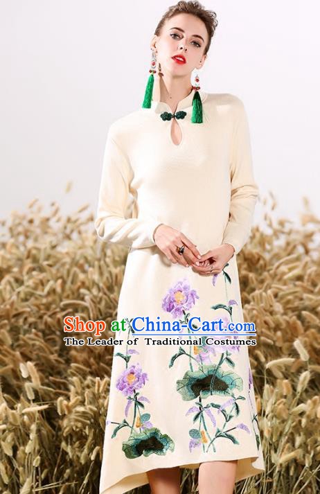 Chinese National Costume Embroidered Peony Cheongsam Beige Wool Qipao Dress for Women