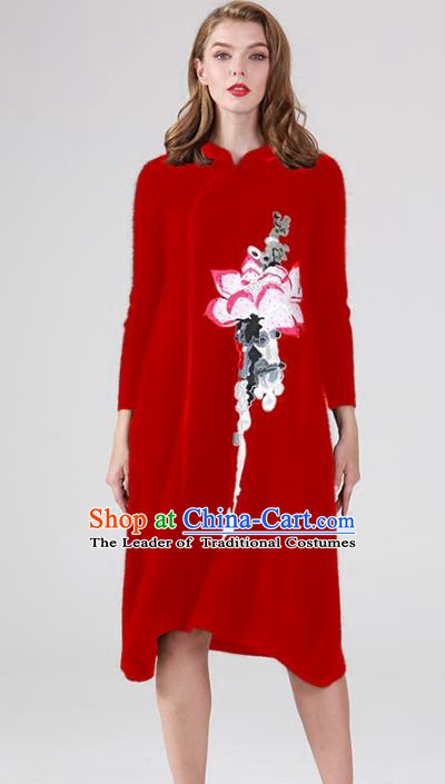 Chinese National Costume Cheongsam Embroidered Lotus Red Qipao Dress for Women