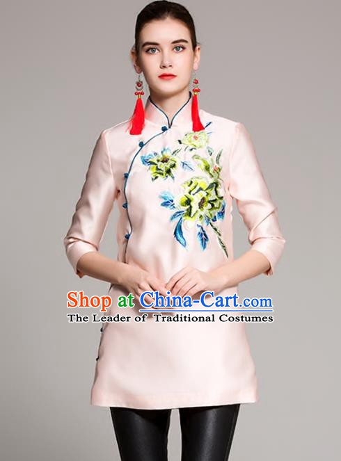 Chinese National Costume Tang Suit Shirts Traditional Embroidered Pink Blouse for Women