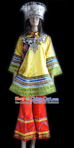Traditional Chinese Miao Minority Nationality Dance Yellow Costume Hmong Female Folk Dance Dress for Women
