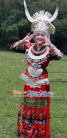 Traditional Chinese Miao Minority Nationality Wedding Costume Hmong Bride Folk Dance Red Dress for Women