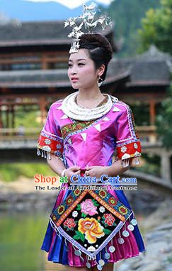 Traditional Chinese Miao Minority Nationality Costume Hmong Folk Dance Purple Dress for Women
