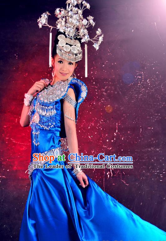 Traditional Miao Nationality Dance Clothing and Headwear Sliver Headpiece Hmong Minority Costumes and Hair Accessories