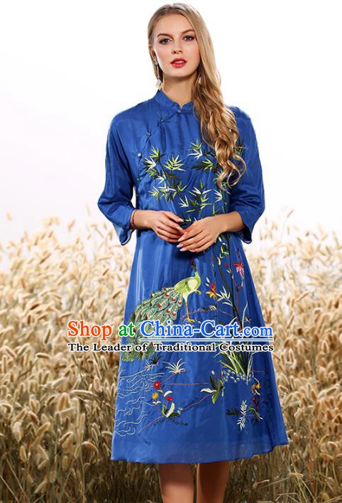 Chinese National Costume Tang Suit Blue Qipao Dress Traditional Embroidered Bamboo Cheongsam for Women