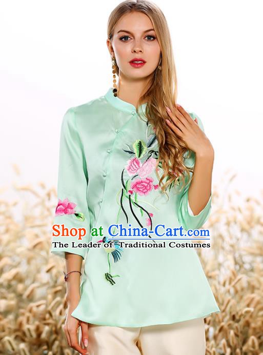 Chinese National Costume Tang Suit Qipao Green Blouse Traditional Embroidered Peony Shirts for Women