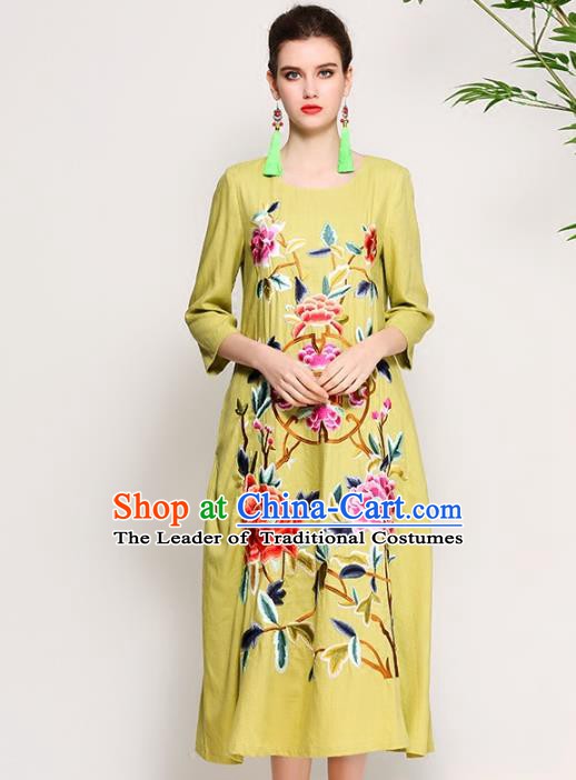 Chinese National Costume Tang Suit Qipao Dress Traditional Embroidered Peony Green Cheongsam for Women