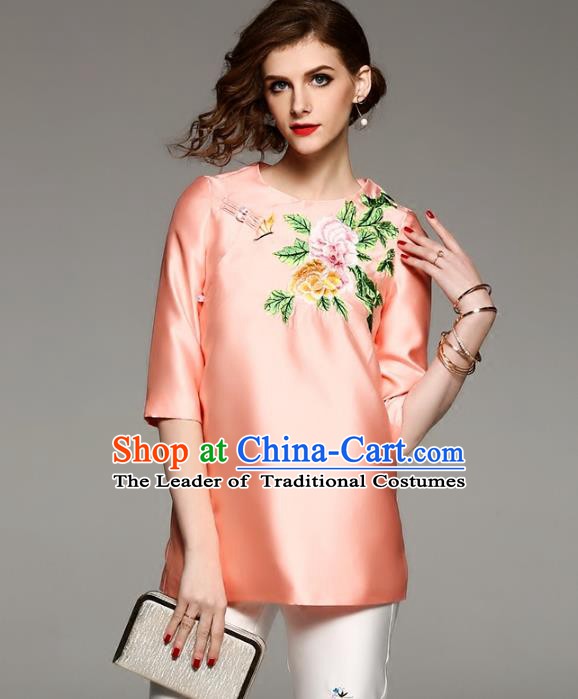 Chinese National Costume Tang Suit Qipao Shirts Traditional Embroidered Peony Orange Blouse for Women