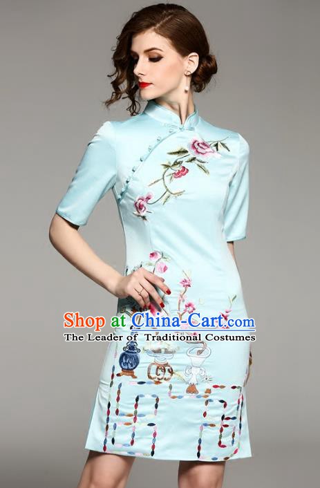 Chinese National Costume Tang Suit Silk Qipao Dress Traditional Embroidered Blue Cheongsam for Women