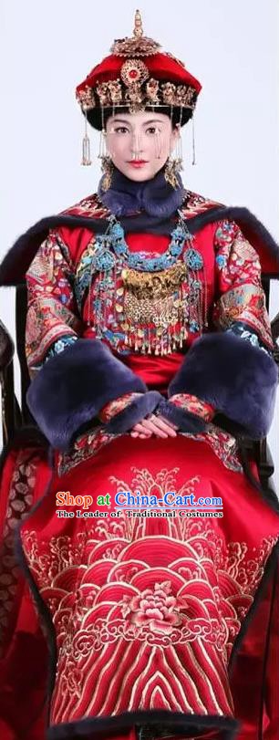 Chinese Ancient Qing Dynasty Princess Wedding Embroidered Dress Costume Complete Set for Women
