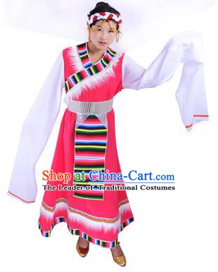 Traditional Chinese Zang Nationality Dance Costume, Tibetan Female Folk Dance Ethnic Minority Embroidery Rosy Dress for Women