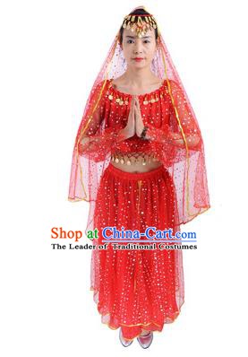 Traditional India Folk Dance Costume, Indian Female Dance Red Dress for Women
