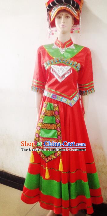 Traditional Chinese Yi Nationality Minority Wedding Costume, Female Folk Dance Yi Ethnic Pleated Skirt Clothing for Women