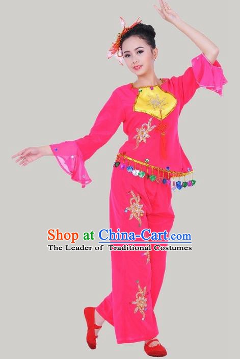 Traditional Chinese Classical Dance Yangge Fan Dancing Costume, Folk Dance Rosy Uniform Yangko Costume for Women