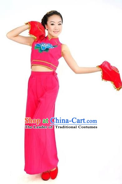Traditional Chinese Classical Dance Yangge Fan Dancing Rosy Costume, Folk Dance Uniform Yangko Costume for Women