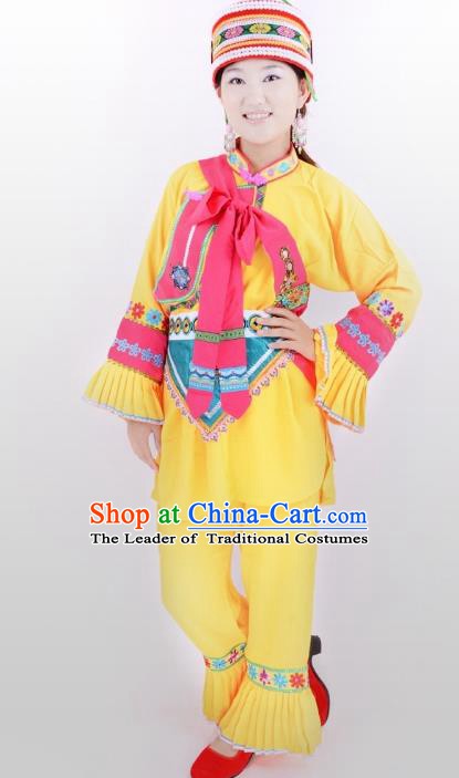Traditional Chinese Sani Nationality Minority Dance Yellow Costume, Female Folk Dance Yi Ethnic Clothing for Women