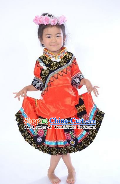 Traditional Chinese Yi Nationality Dance Costume, Folk Dance Ethnic Dance Red Dress for Kids