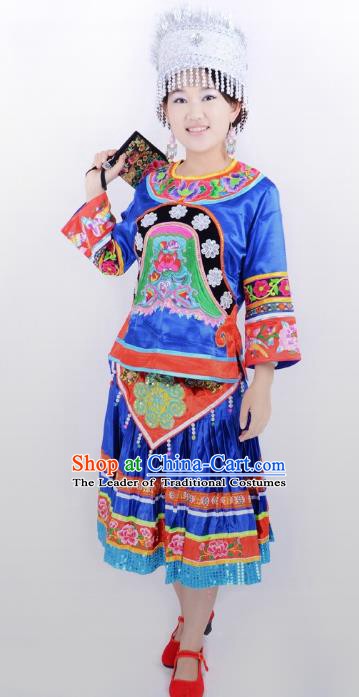 Traditional Chinese Miao Nationality Folk Dance Costume China Hmong Ethnic Minority Blue Dress for Women