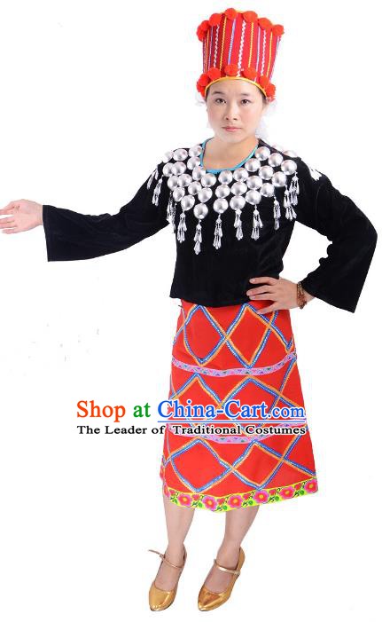 Traditional Chinese Jingpo Nationality Folk Dance Costume China Ethnic Minority Dress for Women