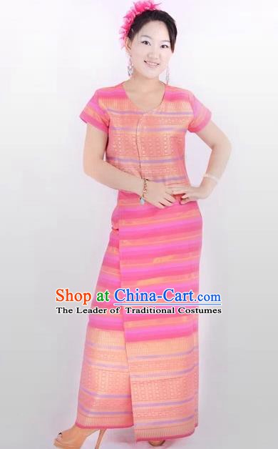 Traditional Chinese Dai Nationality Costume, China Peacock Dance Folk Dance Pink Dress for Women