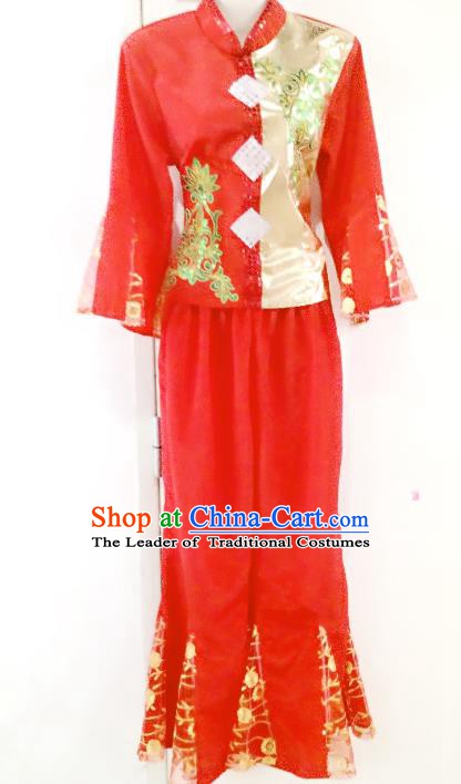 Traditional Chinese Yangge Fan Dancing Red Costume, Folk Dance Drum Dance Yangko Costume for Women