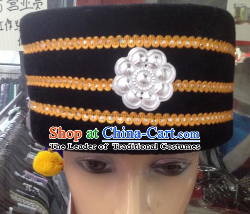 Traditional Chinese Miao Nationality Hair Accessories Hmong Ethnic Minority Black Hats Headwear for Men