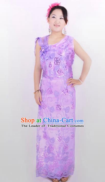 Traditional Chinese Dai Nationality Peacock Dance Costume, Folk Dance Ethnic Pavane Purple Dress for Women