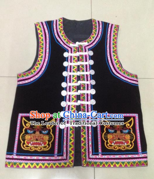 Traditional Chinese Bai Nationality Costume Ethnic Folk Dance Clothing Embroidered Black Vests for Men