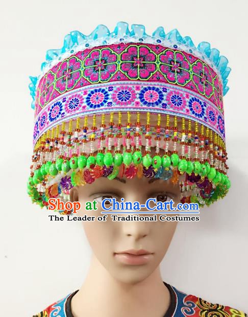 Traditional Chinese Yi Nationality Beads Tassel Hats Hair Accessories Ethnic Headwear for Women