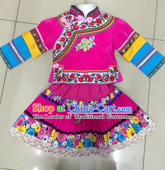 Traditional Chinese Yi Nationality Dance Embroidered Costume Folk Dance Ethnic Rosy Dress Clothing for Kids