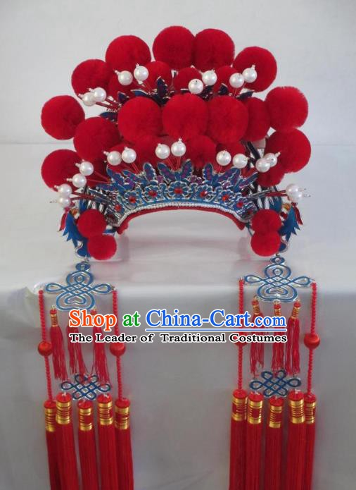 Traditional Chinese Beijing Opera Hair Accessories Red Pompon Phoenix Coronet Peking Opera Actress Headwear