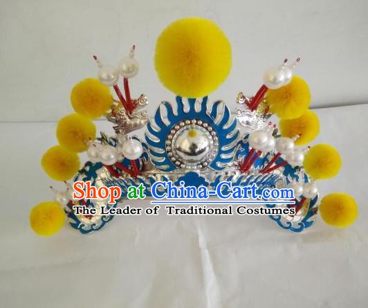 Traditional Chinese Beijing Opera Female Soldier Yellow Venonat Helmet Peking Opera Actress Headwear