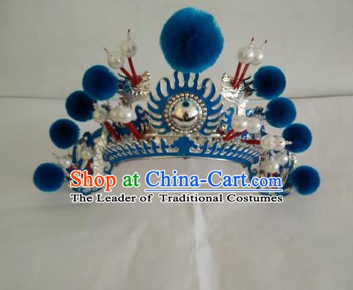 Traditional Chinese Beijing Opera Female Soldier Blue Venonat Helmet Peking Opera Actress Headwear