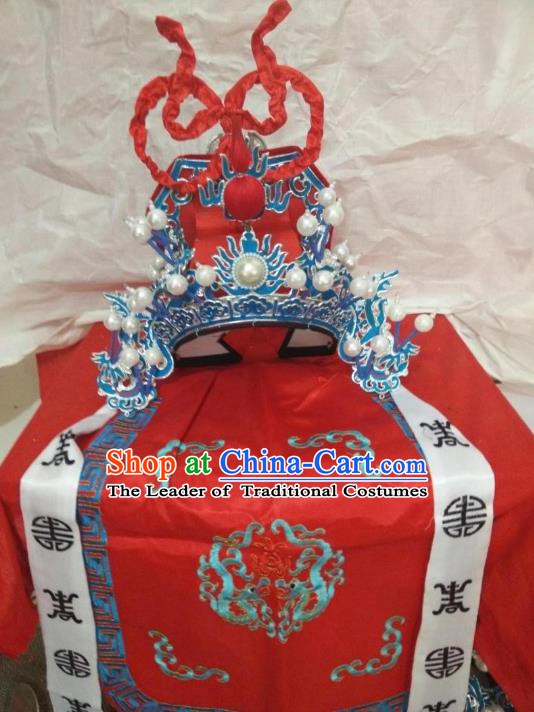 Traditional Chinese Beijing Opera General Red Hats Peking Opera Military Officer Headwear