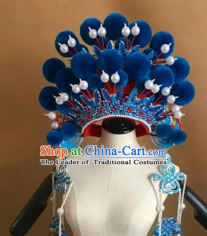 Traditional Chinese Beijing Opera Diva Blue Venonat Phoenix Coronet Peking Opera Actress Hats Headwear