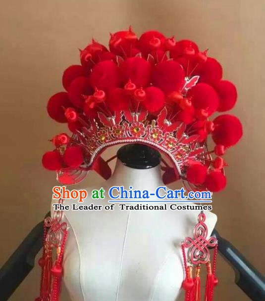Traditional Chinese Beijing Opera Diva Red Venonat Phoenix Coronet Peking Opera Actress Hats Headwear