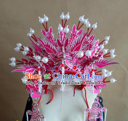 Chinese Traditional Beijing Opera Empress Pink Phoenix Coronet Hair Accessories Peking Opera Actress Hats Headwear