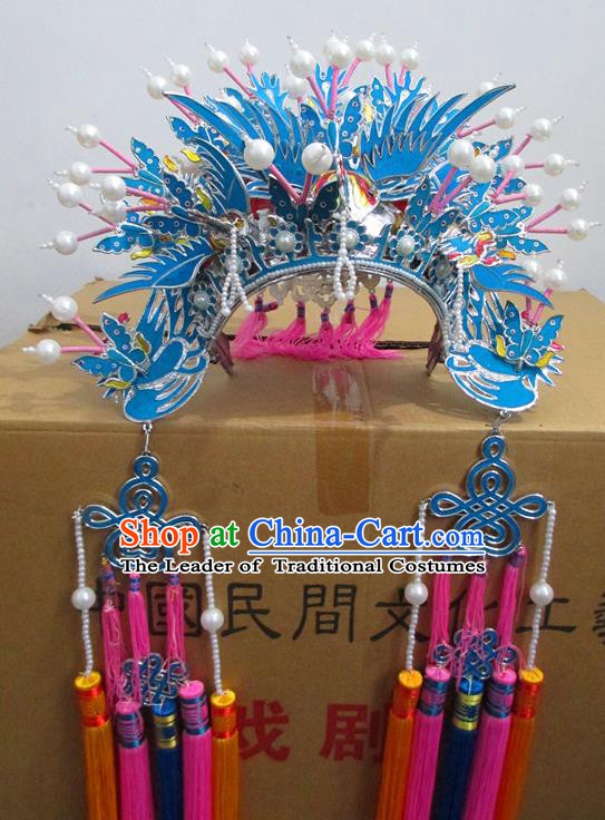 Traditional Chinese Beijing Opera Diva Blue Phoenix Coronet Hair Accessories Peking Opera Actress Hats Headwear