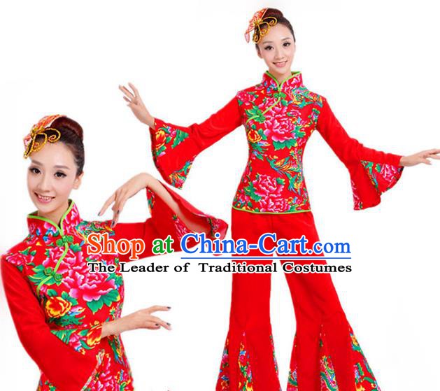Traditional Chinese Folk Dance Costume, Chinese Yangko Drum Dance Red Clothing for Women