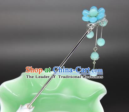 Chinese Ancient Handmade Hair Accessories Blue Beads Tassel Step Shake Hair Stick Hairpins for Women