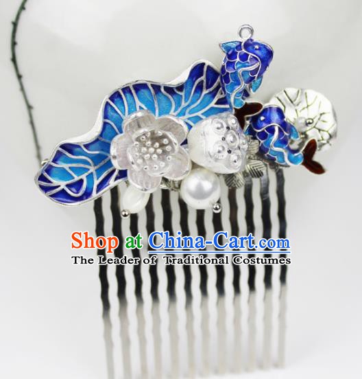 Chinese Ancient Handmade Hair Accessories Classical Blueing Fishes Lotus Hairpins Hair Combs for Women