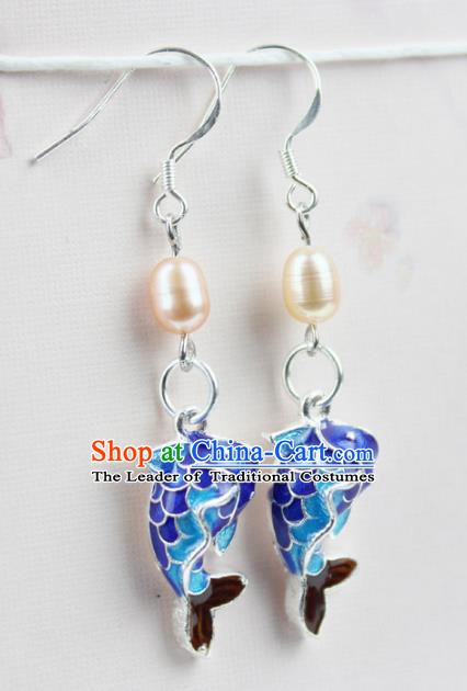 Chinese Ancient Handmade Accessories Pearl Earrings Hanfu Blueing Fish Eardrop for Women