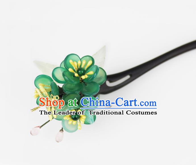 Chinese Ancient Handmade Hair Accessories Classical Ebony Hairpins Hanfu Green Flowers Hair Clip for Women