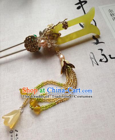 Chinese Handmade Ancient Hair Accessories Classical Hanfu Yellow Jade Hairpins for Women