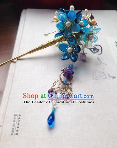 Chinese Ancient Hanfu Tassel Handmade Hairpins Hair Accessories Blue Flowers Step Shake for Women