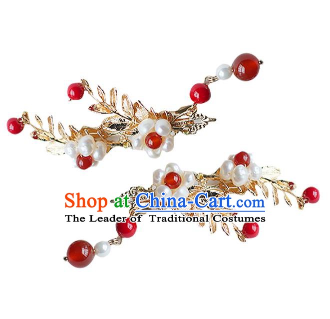 Chinese Ancient Handmade Hanfu Red Bead Hair Sticks Hairpins Hair Accessories for Women