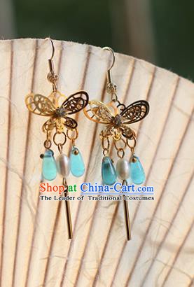 Chinese Handmade Ancient Jewelry Accessories Golden Eardrop Hanfu Butterfly Earrings for Women