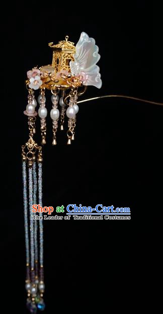 Chinese Ancient Handmade Shell Butterfly Tassel Step Shake Hanfu Hairpins Hair Accessories for Women