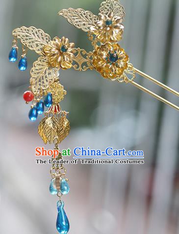 Chinese Ancient Hanfu Handmade Golden Leaf Hairpins Tassel Hair Clip Hair Accessories for Women