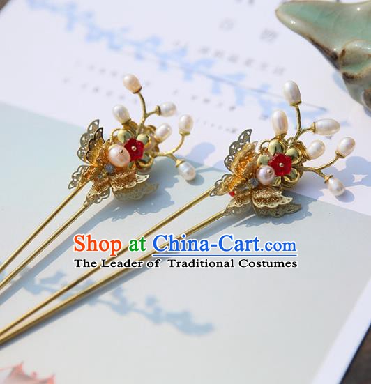 Chinese Ancient Hanfu Handmade Pearls Hairpins Butterfly Hair Stick Hair Accessories for Women