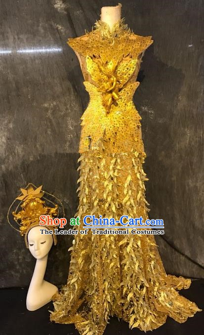 Top Grade Stage Performance Catwalks Costume Halloween Golden Full Dress for Women
